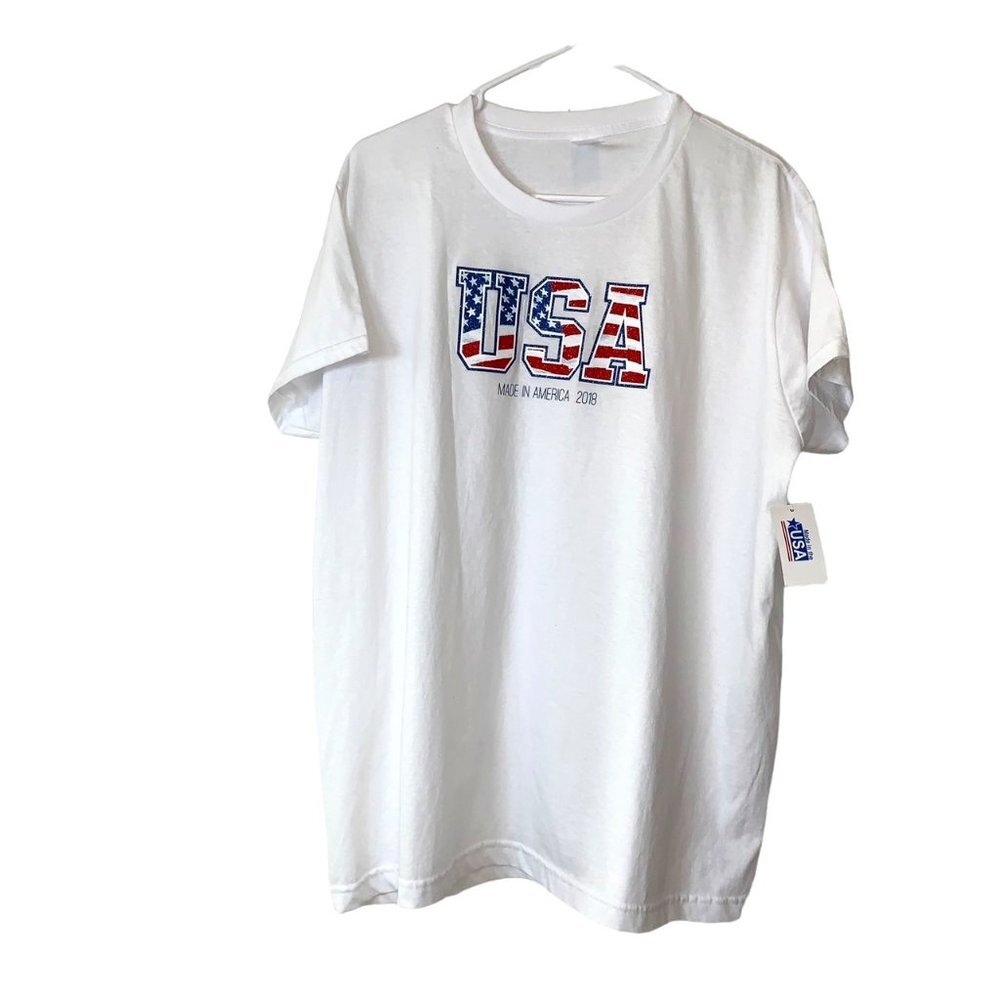 USA Made in America 2018 T Shirt Unisex Adult 2X White Sparkling USA Symbol New